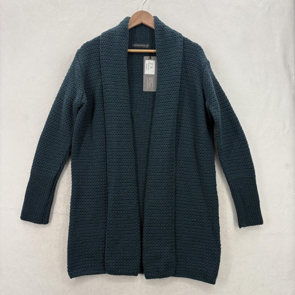 IrelandsEye Kinsale Cardigan Sweater Womens Large Blue Wool Knit Open Front NWT